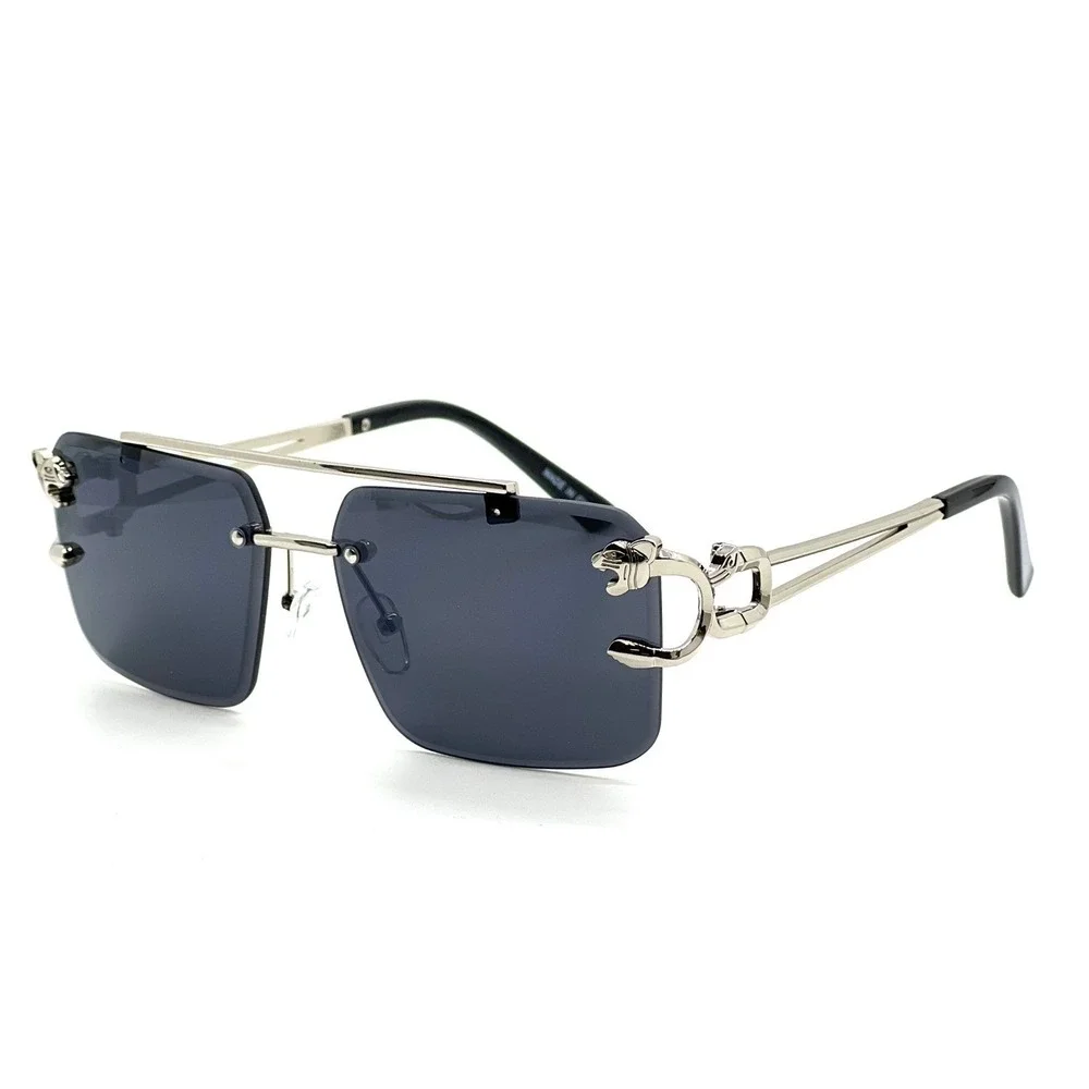 Rimless Rectangle Women Sunglasses Silver‎ Frame Fashion Tinted Dark Black Lens